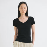 SITP5202 Retro V-Neck Slim Short Sleeve T-Shirt_Black