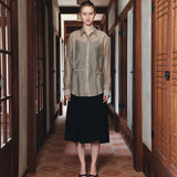 SITP5290 Silky Stripe Drawstring Shirt_Khaki brown