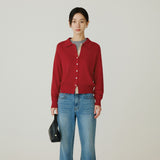 SIKN2183 Color Block Collar Knit Cardigan_Red