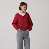 SIKN2181 Balloon V-Neck Loose Fit Knit_Red