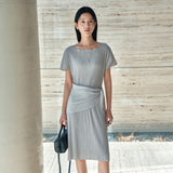 SIA8039 Pleated Wrap Dress_Light Gray