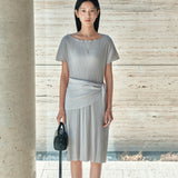 SIA8039 Pleated Wrap Dress_Light Gray