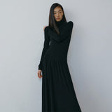 SIA8047 Turtleneck Shirred Long Dress_Black