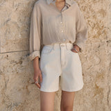 SIJN6113 Balloon Cotton Denim Shorts_Cream