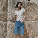 SIJN6117 Cool Washed Straight Denim Shorts_Medium Blue