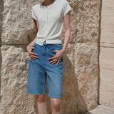 SIJN6117 Cool Washed Straight Denim Shorts_Medium Blue