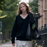 SIKN2156 Wool Blend Loose V-Neck Knit_Black