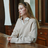 SIKN2156 Wool Blend Loose V-Neck Knit_Beige