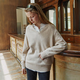 SIKN2156 Wool Blend Loose V-Neck Knit_Beige