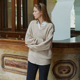 SIKN2156 Wool Blend Loose V-Neck Knit_Beige