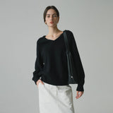 SIKN2156 Wool Blend Loose V-Neck Knit_Black