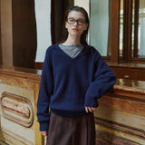 SIKN2156 Wool Blend Loose V-Neck Knit_Navy