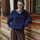 SIKN2156 Wool Blend Loose V-Neck Knit_Navy