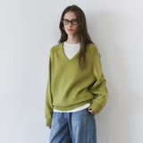 SIKN2156 Wool Blend Loose V-Neck Knit_Olive