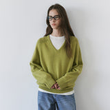 SIKN2156 Wool Blend Loose V-Neck Knit_Olive