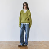 SIKN2156 Wool Blend Loose V-Neck Knit_Olive