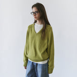 SIKN2156 Wool Blend Loose V-Neck Knit_Olive