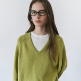 SIKN2156 Wool Blend Loose V-Neck Knit_Olive
