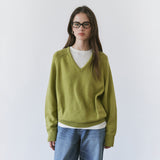 SIKN2156 Wool Blend Loose V-Neck Knit_Olive