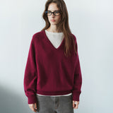 SIKN2156 Wool Blend Loose V-Neck Knit_Wine