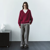 SIKN2156 Wool Blend Loose V-Neck Knit_Wine