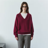 SIKN2156 Wool Blend Loose V-Neck Knit_Wine
