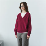 SIKN2156 Wool Blend Loose V-Neck Knit_Wine