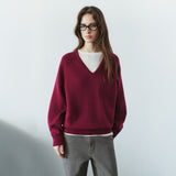 SIKN2156 Wool Blend Loose V-Neck Knit_Wine