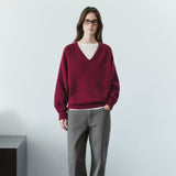SIKN2156 Wool Blend Loose V-Neck Knit_Wine