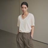 SITP5136 loose-fit V-neck short-sleeve T-shirt_Beige