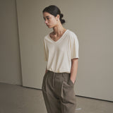 SITP5136 loose-fit V-neck short-sleeve T-shirt_Beige