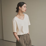 SITP5136 loose-fit V-neck short-sleeve T-shirt_Beige