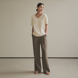 SITP5136 loose-fit V-neck short-sleeve T-shirt_Beige