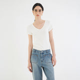 SITP5202 Retro V-Neck Slim Short Sleeve T-Shirt_Ivory
