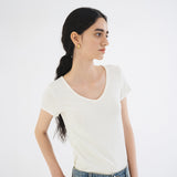 SITP5202 Retro V-Neck Slim Short Sleeve T-Shirt_Ivory