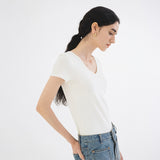 SITP5202 Retro V-Neck Slim Short Sleeve T-Shirt_Ivory