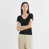 SITP5202 Retro V-Neck Slim Short Sleeve T-Shirt_Black