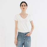 SITP5202 Retro V-Neck Slim Short Sleeve T-Shirt_Ivory