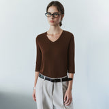 SITP5313 Soft V-Neck 3/4-Sleeve T-Shirt_Brown