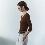 SITP5313 Soft V-Neck 3/4-Sleeve T-Shirt_Brown