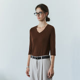 SITP5313 Soft V-Neck 3/4-Sleeve T-Shirt_Brown