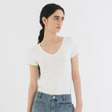 SITP5202 Retro V-Neck Slim Short Sleeve T-Shirt_Ivory