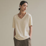 SITP5136 loose-fit V-neck short-sleeve T-shirt_Beige